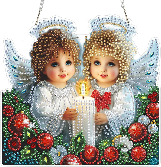 NEWENMO Hanging Diamond Art Kit for Adult, Angels in Heaven, 5D Special Shaped Rhinestone Diamond Painting Ornament, Christmas, DIY Acrylic Diamond Art Painting Window Pendants Home Garden Wall Decor