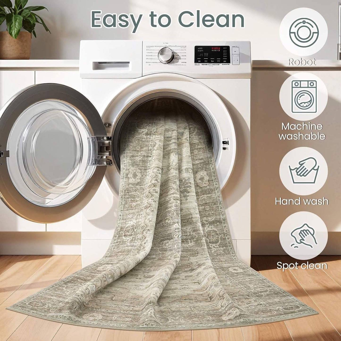 Washable Area Rugs for Living Room - 7x9 Neutral Vintage Distressed Floral Farmhouse Boho Large Soft Floor Rug Indoor Non Slip Carpet for Living Room Bedroom Dining Room Office - Brown/Tan