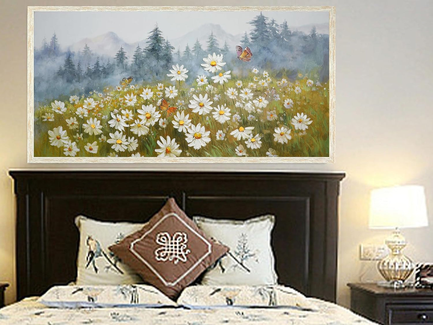 Arjun Flower Wall Art Canvas Landscape Daisy Painting Mountain Picture White Daisy Textured Floral Artwork for Living Room Bedroom Bathroom Office Home Wall Decor, Large Wood Grain Framed 40"x20"