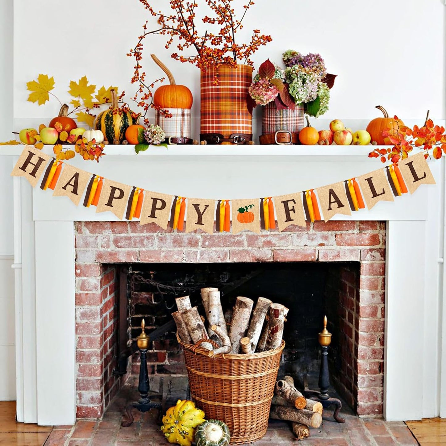 Happy Fall Pumpkin Burlap Pennant Banner Flag Felt Happy Fall Sign and Pumpkin Pattern with Fall Color Ribbon for Fall Autumn Harvest Thanksgiving Day Birthday Baby Shower Party Decorations Supplies