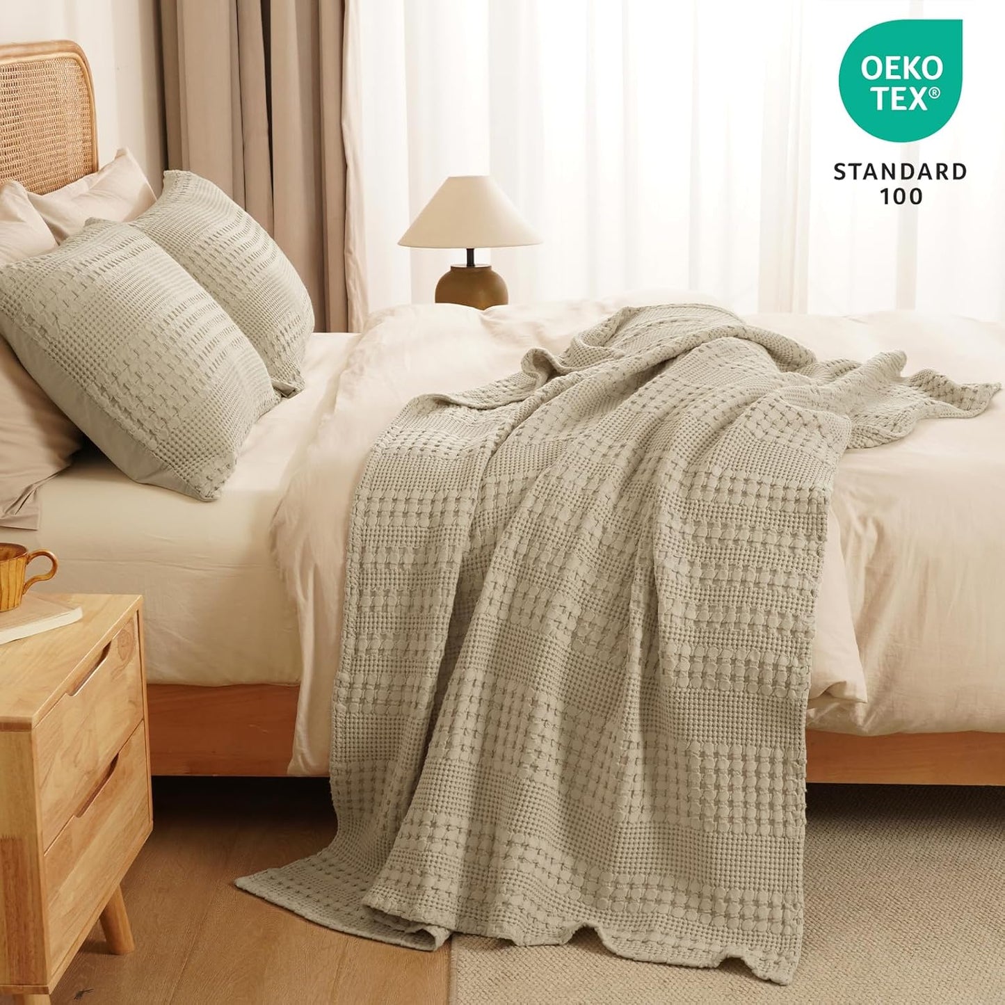 PHF 100% Cotton Waffle Weave Throw Blanket, Soft Lightweight Breathable Cozy Summer Throws for Couch Bed Sofa, Luxury Aesthetic Woven Blanket for Home Decor & Office, 50"x60", Khaki