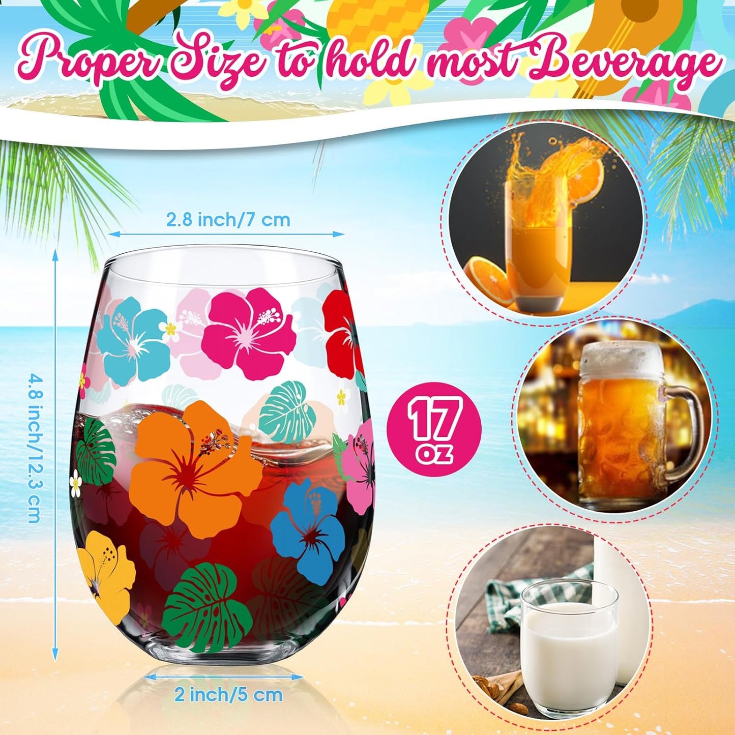 Sliner 2 Pack 17oz Summer Hawaiian Stemless Wine Glasses Aloha Stemless Wine Glass Luau Colorful Flowers Leaves Tumbler Cups for Hawaiian Tiki Party Supplies Birthday Gift