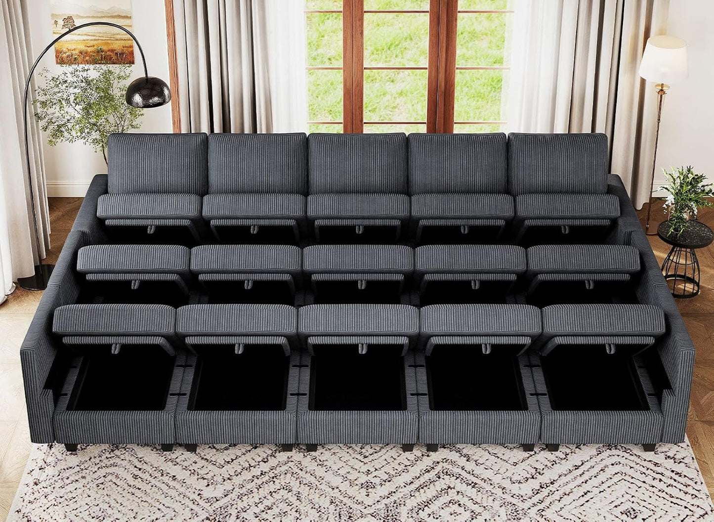 Belffin Large 15 Seat Modular Sectional Sofa with Storage Seat Corduroy Sleeper Sectional Sofa Bed Oversized Convertible Modular Couch for Living Room Dark Grey