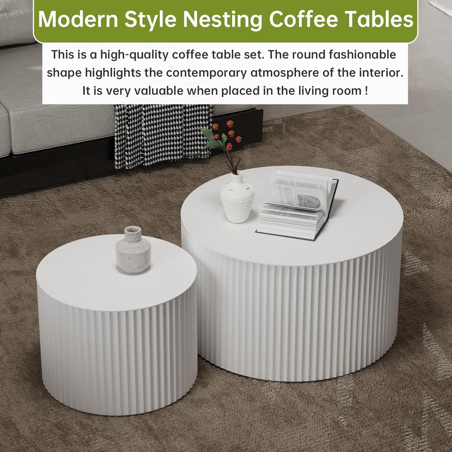 Round Nesting Coffee Table Modern White Fluted Coffee Table Set of 2 for Living Room Circle Drum Coffee Tables Round Nesting Tables for Small Spaces (White B 27in)