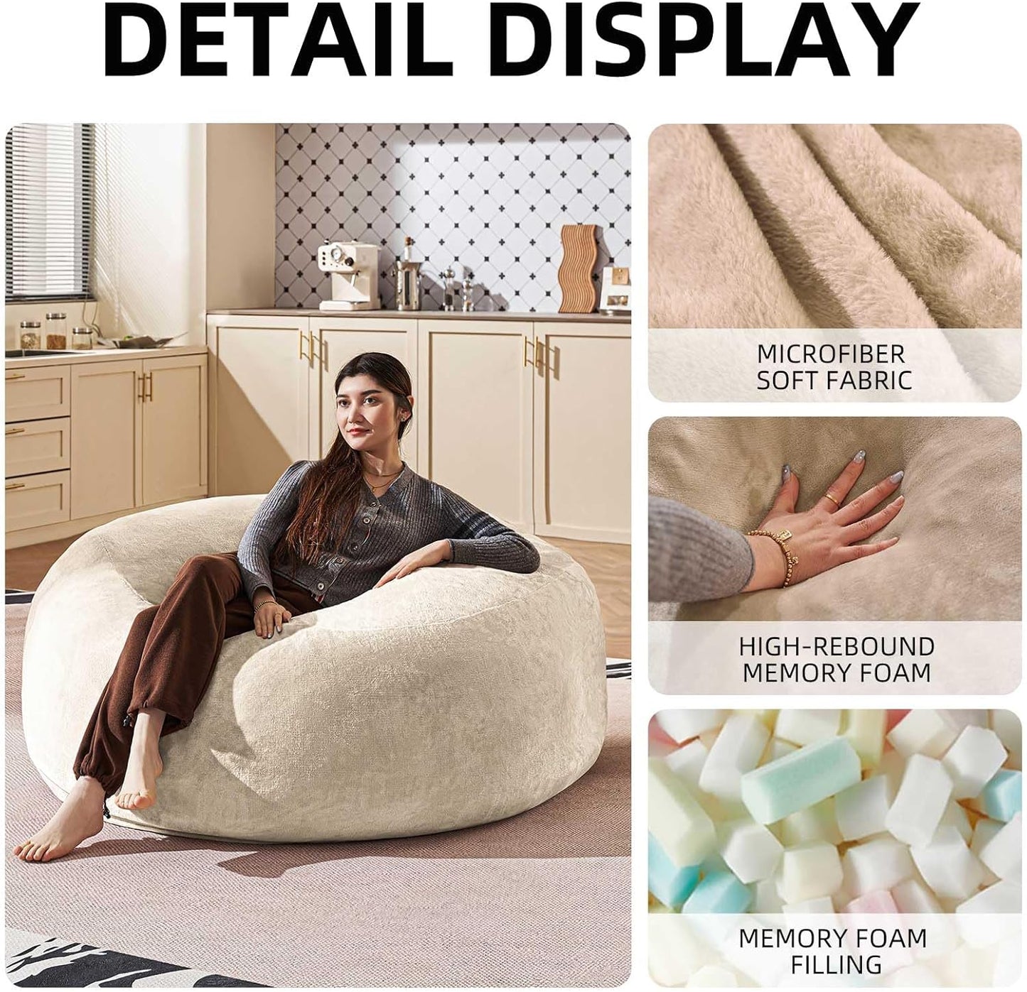 Bean Bag Chair 4Ft, Memory Foam Filled, Large Beanbag Chairs for Adults and Teens, Soft Sofa with Removable Flannel Cover, Round Couch for Living Room Bedroom College Dorm (Apricot, 4FT-47×47"×24")