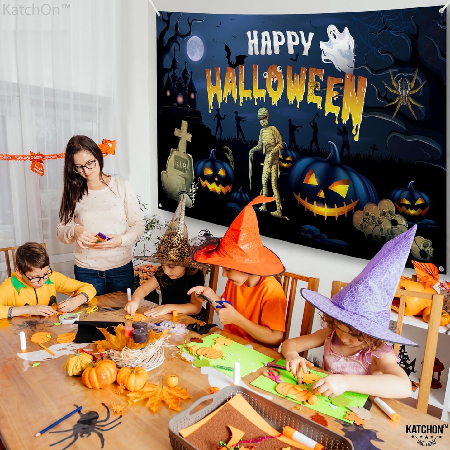 KatchOn Spooky Happy Halloween Banner - XtraLarge, 72x44 Inch | Pumpkin Backdrop for Parties, Party Decorations | Blue Photo Backdrop, Skull Decorations Indoor