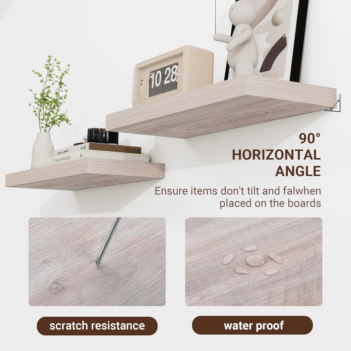 36 Inch Floating Shelves, 3D Textured Wood Grain, 36"x9.25"x1.5" Inch Deep Floating Shelves for Wall, Wooden Shelves for Bathroom, Bedroom, Living Room, Washed White