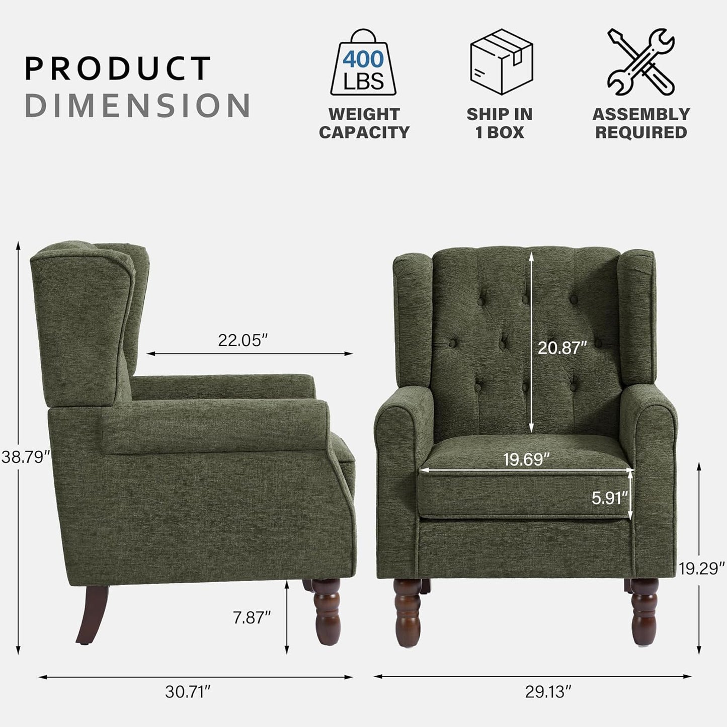 Lumibee High Back Accent Chair Set of 2,Upholstered Wingback Armchair with Solid Wood Legs for Small Spaces,Comfy Single Sofa Chair for Living Room,Bedroom,Office-Green