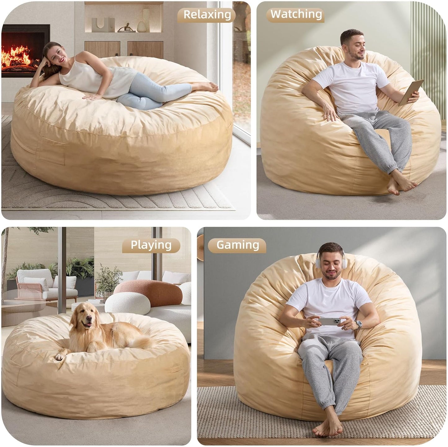 Hobestluk 6FT Bean Bag Chair Bean Bag Chairs for Adults Giant Bean Chairs with Velvet Cover, Memory Foam BeanBag Chair Fluffy BeanBag Chairs for Living Room, Bedroom- Khaki (70" x 70" x 15")