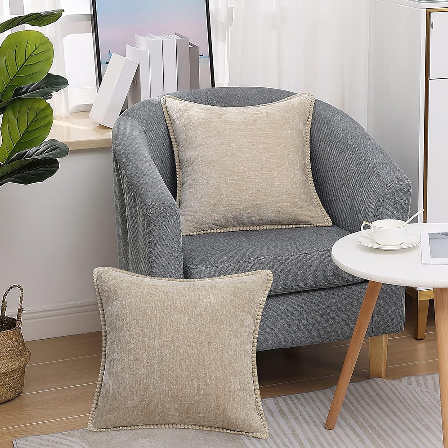 decorUhome Chenille Soft Throw Pillow Covers 20x20 Set of 2, Farmhouse Velvet Neutral Decorative Euro Pillow Covers with Stitched Edge for Couch Sofa Bed Home Decor, Beige