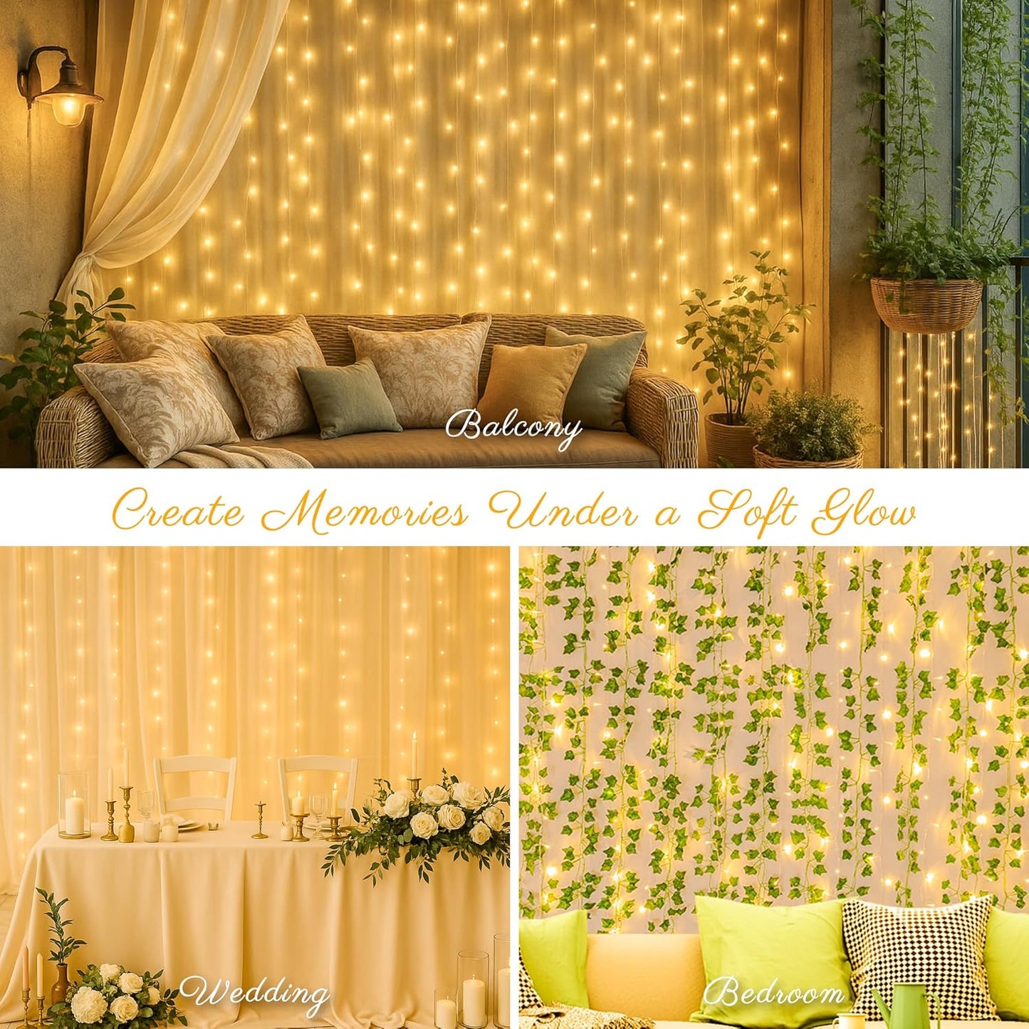 HEYFUNi 304 LED Curtain Lights Outdoor, 9.8Ft*9.8Ft Hanging String Lights Plug in with 8 Modes, Connectable Curtain Fairy Lights for Bedroom, Dorm, Christmas, Wall, Backdrop, Wedding Decor, Warm White