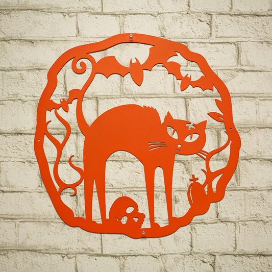 RealSteel Halloween Cat Wreath, 18" Steel, Cottage, Rustic Style, Orange, Wall Decor, Front Door, Living Room, Porch, Haunted House