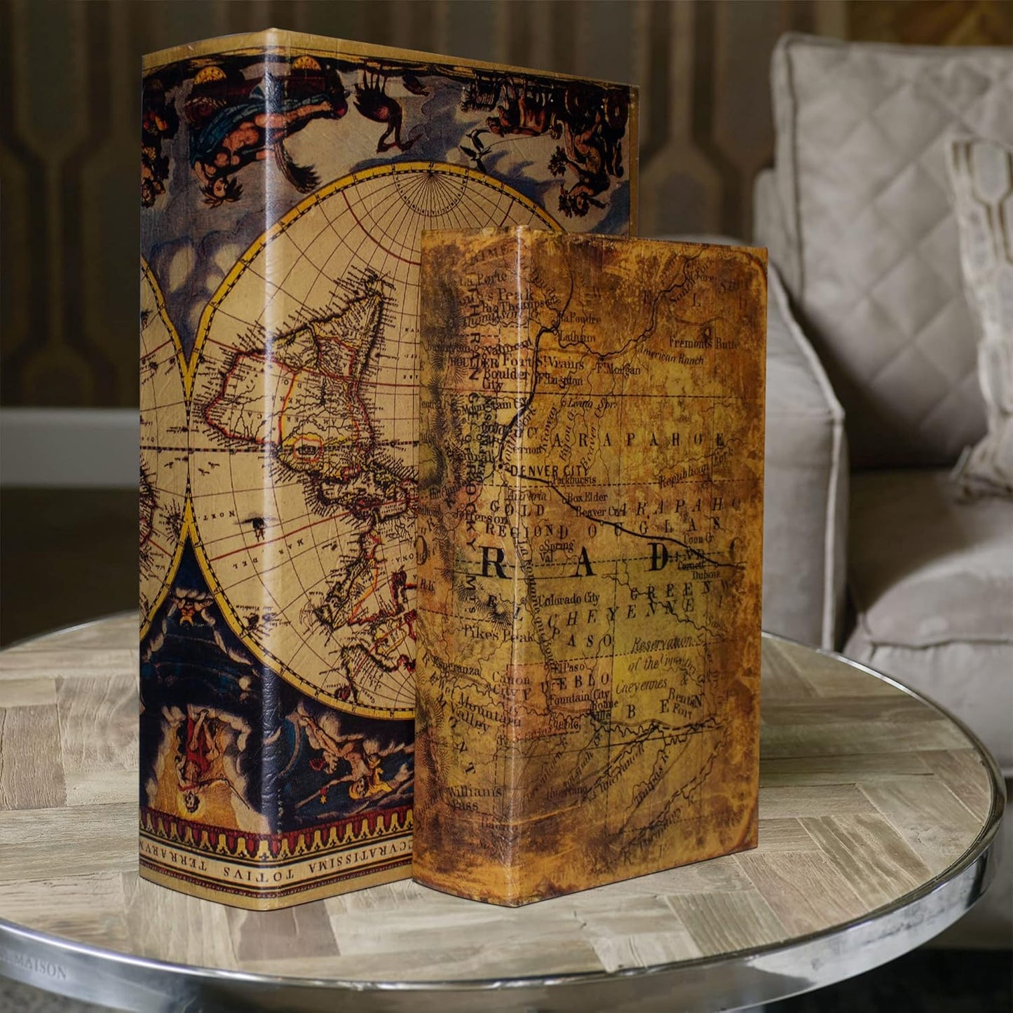 Decorative Book Box Set of 2, Trinket Keepsake Storage Boxes Book Shaped Storage Box Vintage Style Decorative Faux Books Boxes Globe Antique Books for Home Decoration Old World Map Pattern