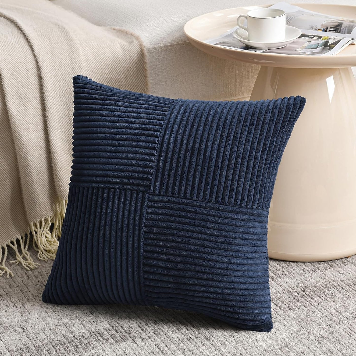 Fancy Homi 2 Packs Navy Blue Decorative Throw Pillow Covers 22x22 Inch for Living Room Couch Bed Sofa, Rustic Farmhouse Boho Home Decor, Soft Corss Corduroy Patchwork Accent Cushion Case 55x55 cm