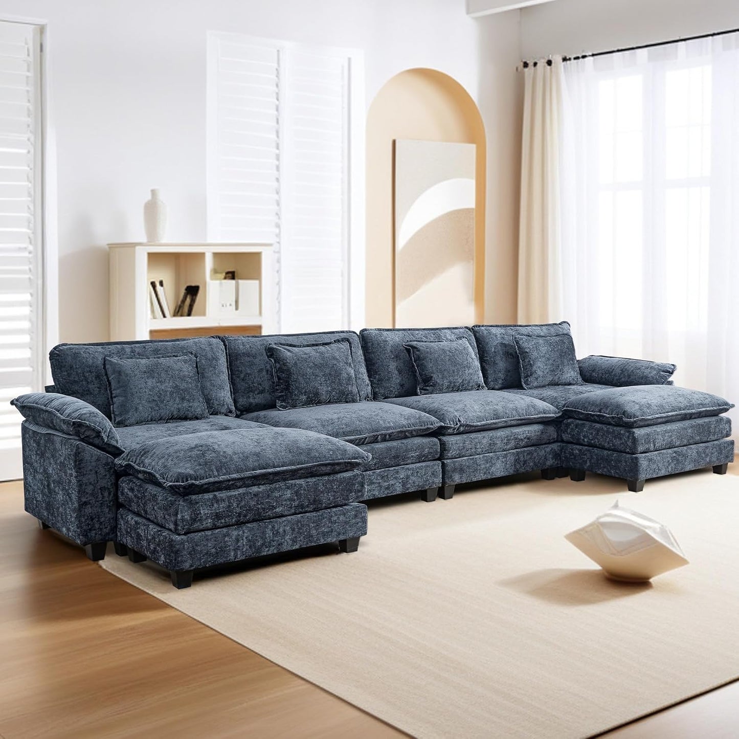 URRED Modular Sectional Sofa Comfy Cloud Couch, Modern Chenille Sofa Sleeper Deep Seat Couches with Ottoman/Pillows for Living Room (Blue, 154'' - U Shape)