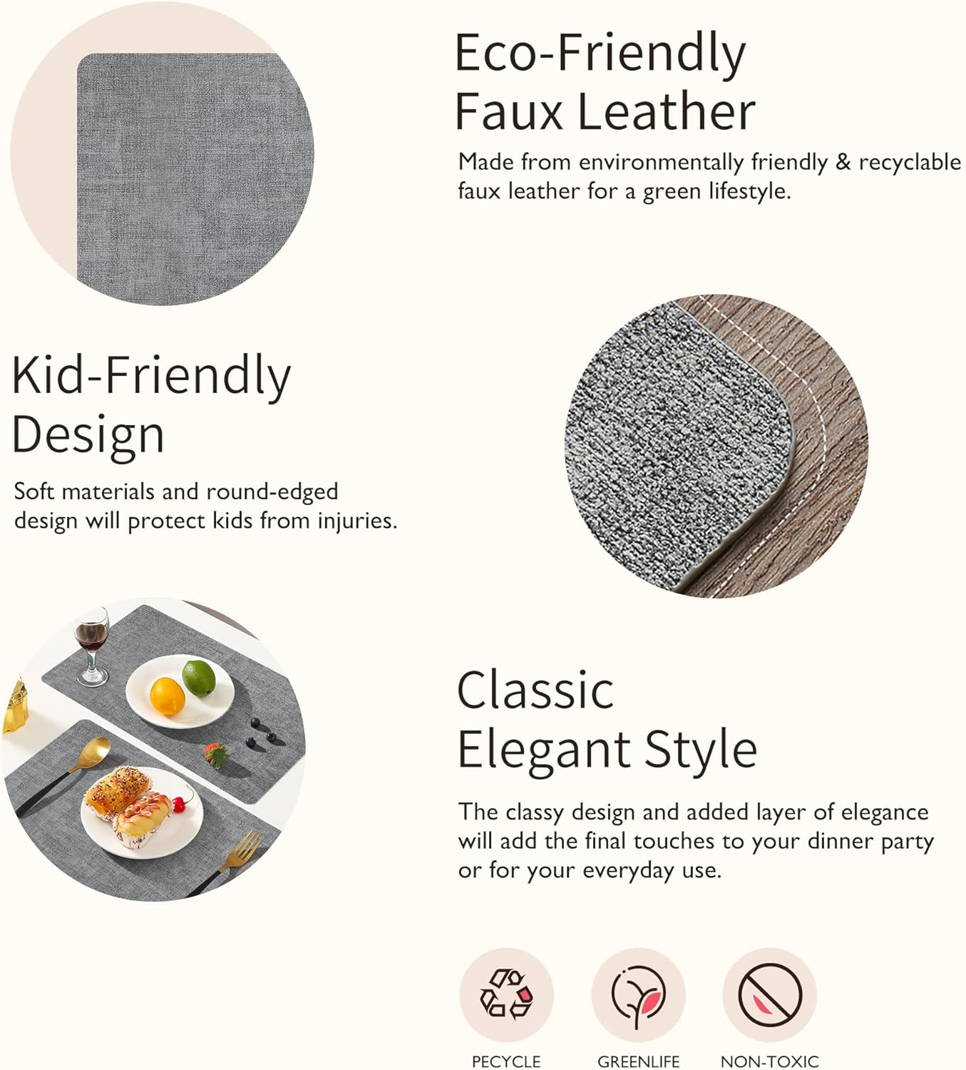 Maxpearl Faux Leather Placemats Set of 6 - Waterproof - Wipe Clean - Heat Resistant - Anti Slip Dining Table Place Mats, Suitable for Indoor & Outdoor Use, 17’’×12’’, Grey