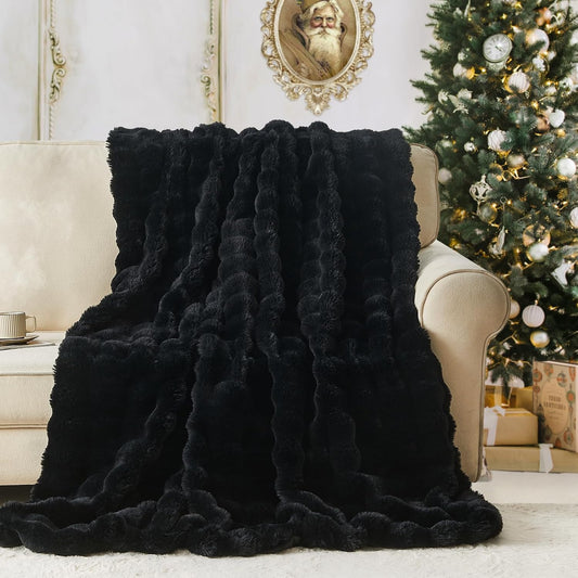 Lotus Karen Faux Fur Blanket Black - Big Bubble Rabbit Fluff King Throw for The Bed Large Fluffy Fuzzy Cozy Thick Furry Plush Shaggy Blankets 108x90 Inches