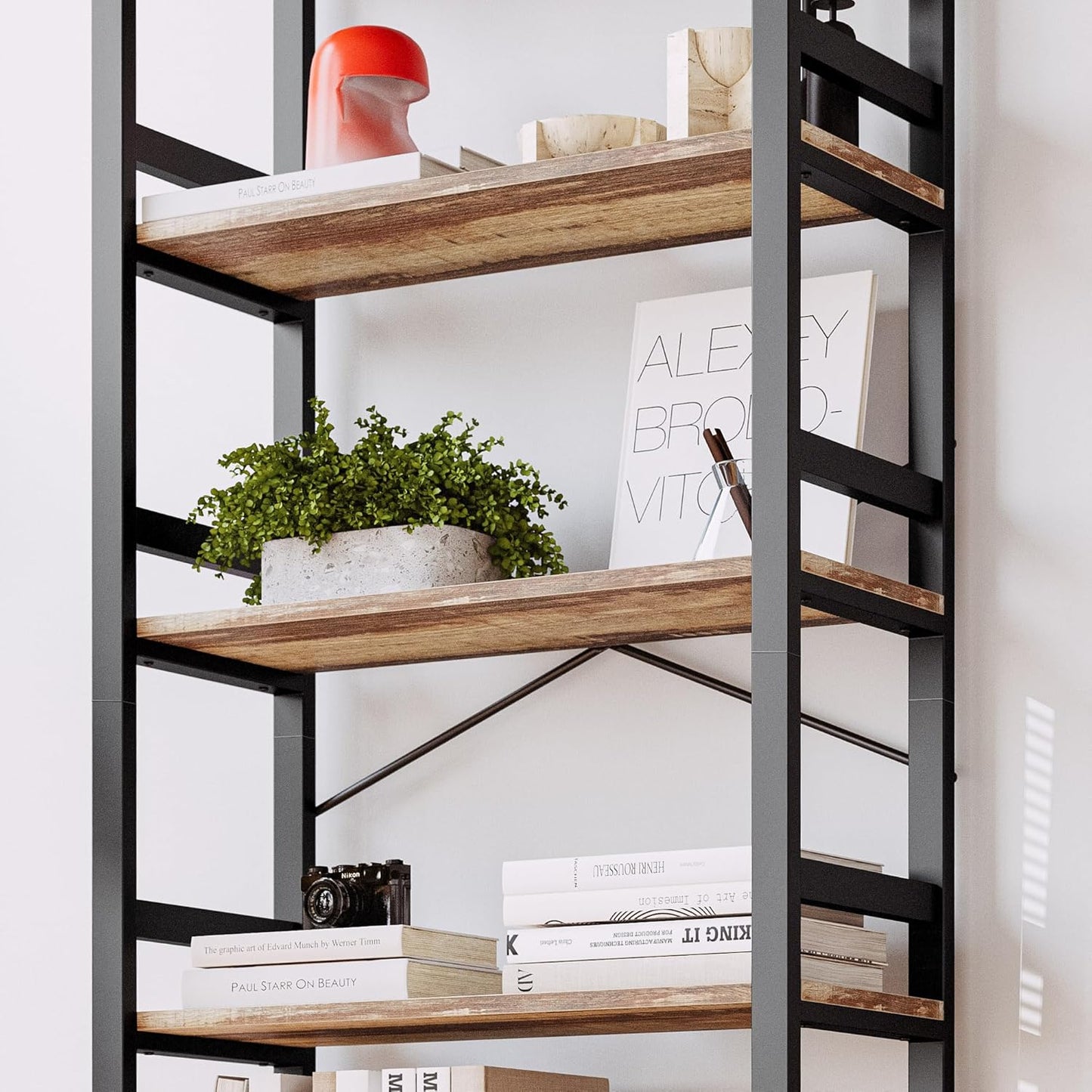 IRONCK Bookshelves and Bookcases, 31.5in Wide Shelf 5-Tier Ladder Shelf 110lbs/shelf Vintage Industrial Style Bookcase for Bedroom Living Room Home, Rustics Brown