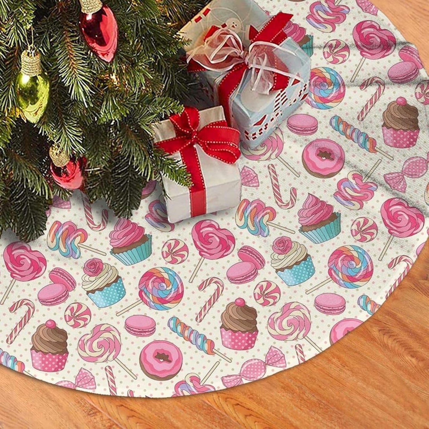 Christmas Tree Skirt,Sweet Lollipop Candy Macaroon Cupcake Donut Xmas Tree Skirt Rustic Farmhouse Tree Skirt for Christmas Decor Xmas Holiday Home Party Decorations48