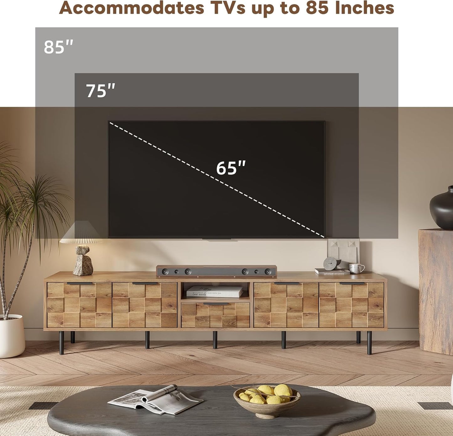 Modern TV Stand for TVs up to 85", Mid-Century Media Console with Checkered Cabinet Doors, Storage Drawers & Open Shelves, Wood Entertainment Center with Metal Legs