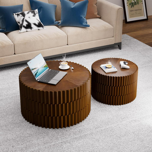 Round Coffee Table Set of 2, Nesting Coffee Table and End Table Set Small Circle Drum Side Table for Living Room Office, No Assembly (A Walnut)