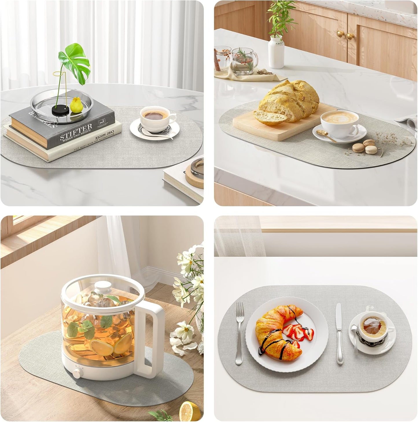 DOLOPL Placemats Set of 6, Oval Reversible Wipeable & Heat Resistant Place Mats, Modern Faux Leather Table Mats for Kitchen, Neutral Tablemats for Dining Table Decor, Wedding, Party(Gray)