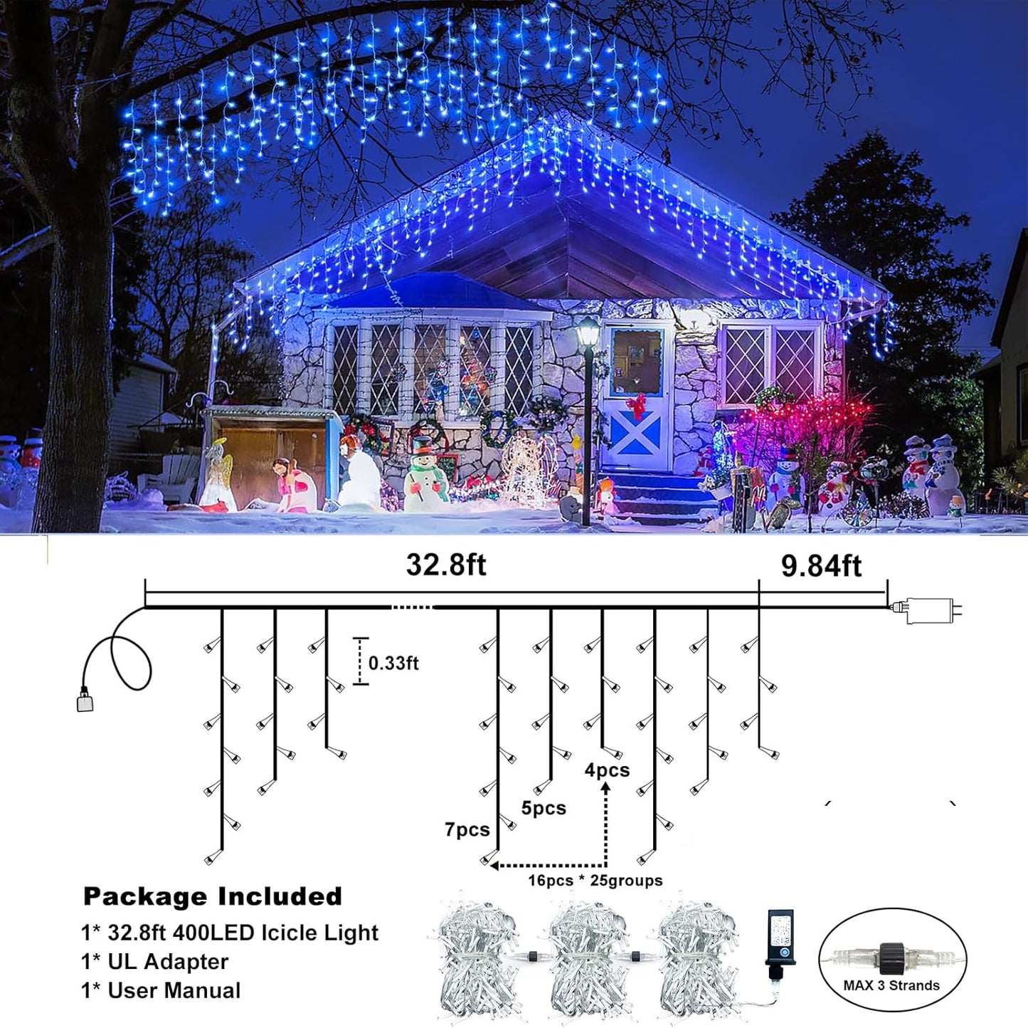 Icicle Lights for Outside, 33FT 400 LED Christmas Lights Outdoor with 8 Modes Waterproof, Plug in String Twinkle Light for Indoor Home Room Window Party Patio Yard Wedding Decorations, Blue
