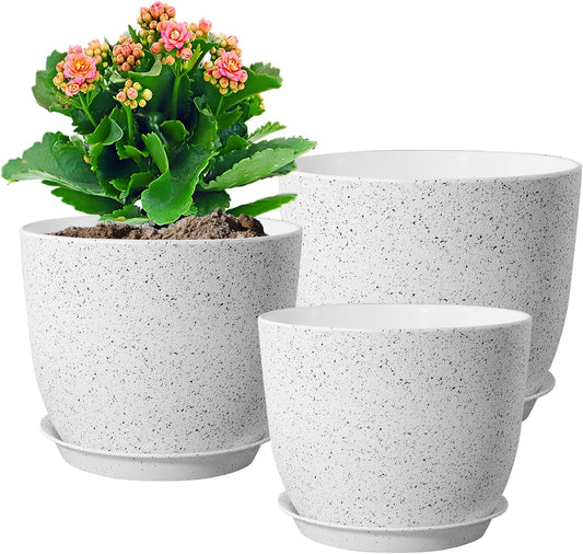 9/8/7.5 inch Flower Pots, Set of 3 Modern Decorative Plastic Planters with Drainage Holes and Saucers for Garden House Plants, Plant Pots for Indoor Outdoor Plants, Speckled White