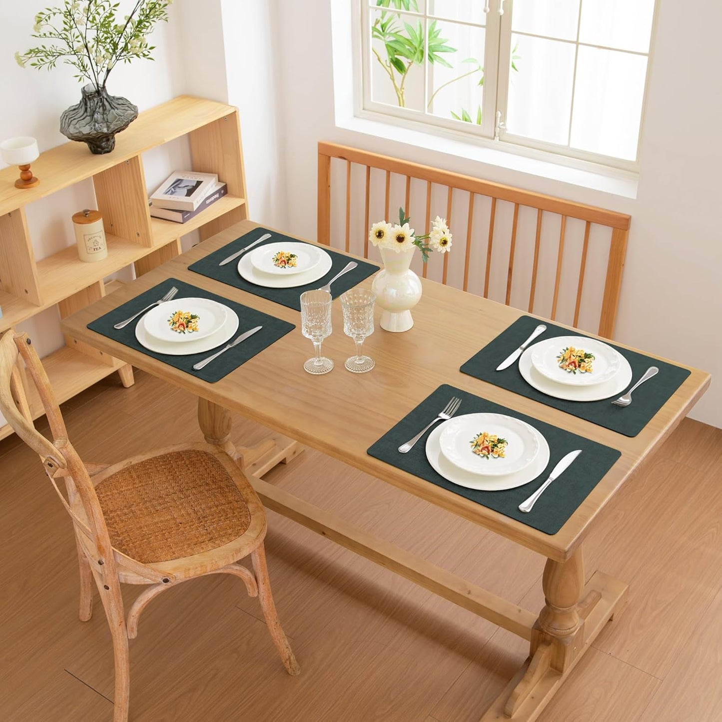 FROMHEART Faux Leather Placemats Set of 6–Waterproof,Heat/Oil Stain-Resistant PU Table Mat–Reversible,Non-Slip,Easy to Clean Place Mats for Kitchen,Dining,Indoor/Outdoor,(Dark Green,11.8" x 17")