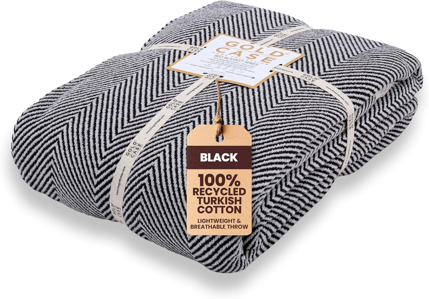 Gold Case Throw Blanket for Bed – 100% Recycled Turkish Cotton Bed Blanket – Decorative Throw Cotton Blankets for Living Room & Bedroom – Woven Twin Blankets - 71x90 - Black