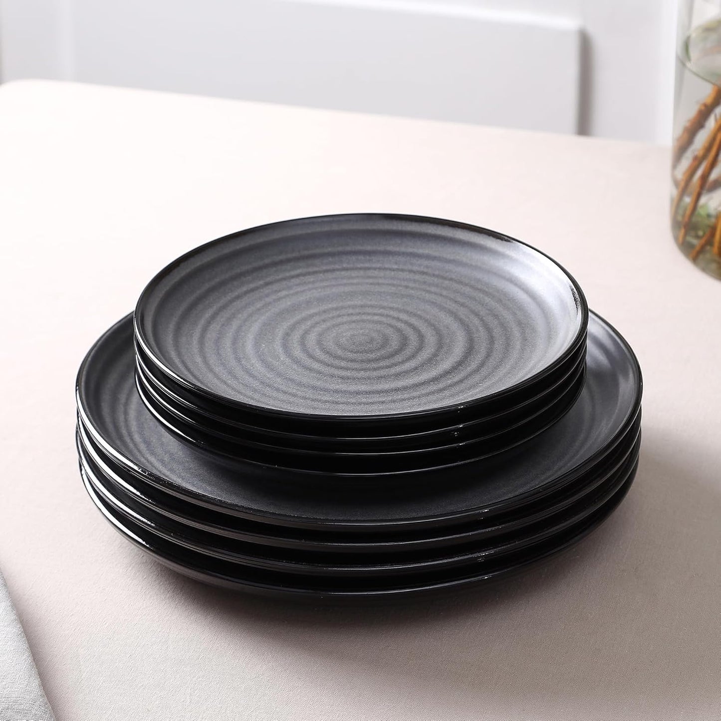 Stone Lain Dua 24-Piece Dinnerware - Stoneware, Plate and Bowls, Dishwasher and Microwave Safe, Dish Set for 8, Black