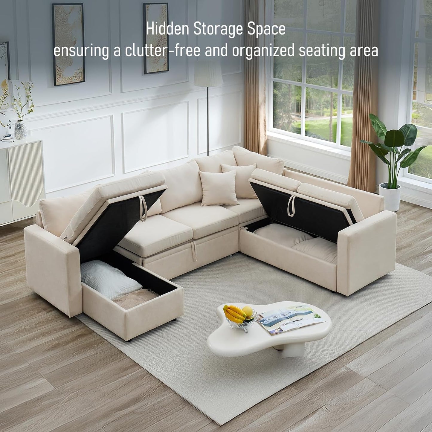 7 - Seater Sofa Bed, Large U - Shaped Modular Sectional Sofa, Oversized Pull - Out Sleeper with Storage for Living Room, Beige