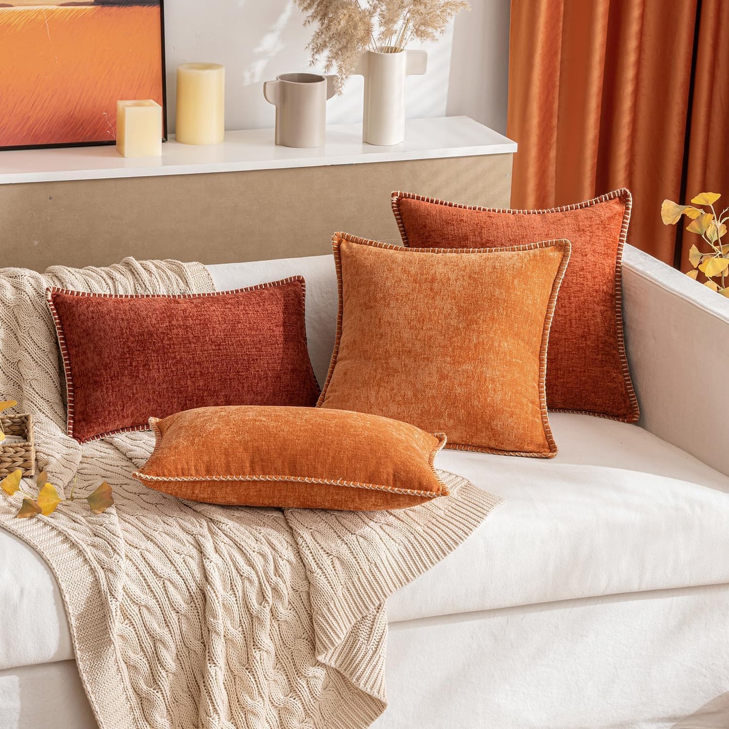 MIULEE Pack of 2 Fall Couch Throw Pillow Covers 18x18 Inch Rust Farmhouse Decorative Pillow Covers with Stitched Edge Soft Chenille Solid Dyed Pillow Covers for Sofa Bed Living Room