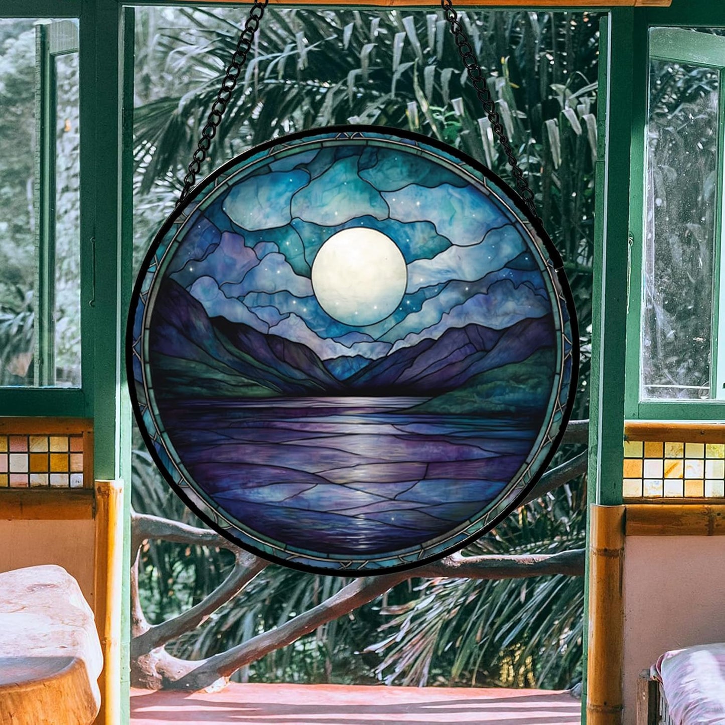 Stained Glass Window Hanging, Blue Night Moon Lake Sun Catchers Colorful Glass Panel Landscape Suncatcher Decor for Birthday for Women, Men, Wife, Aunt, and Mom 14.9x14.9 in