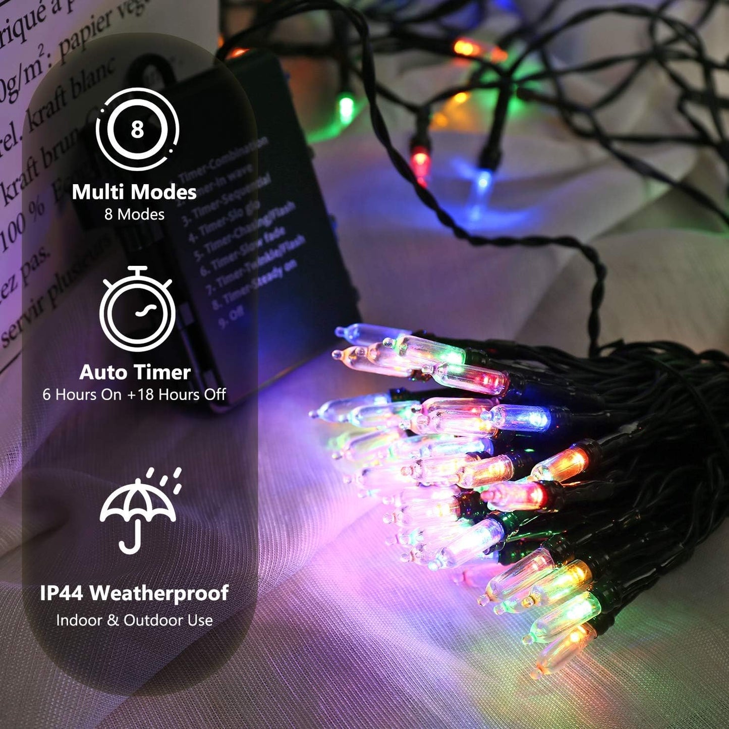 BrizLabs Christmas Lights Multicolor, 2 Pack 17.94ft 50 LED Christmas String Lights, Battery Xmas Tree Light Outdoor/Indoor, Green Wire 8 Modes Mini Xmas Light for Holiday Tree Wreath Lawn Party Decor