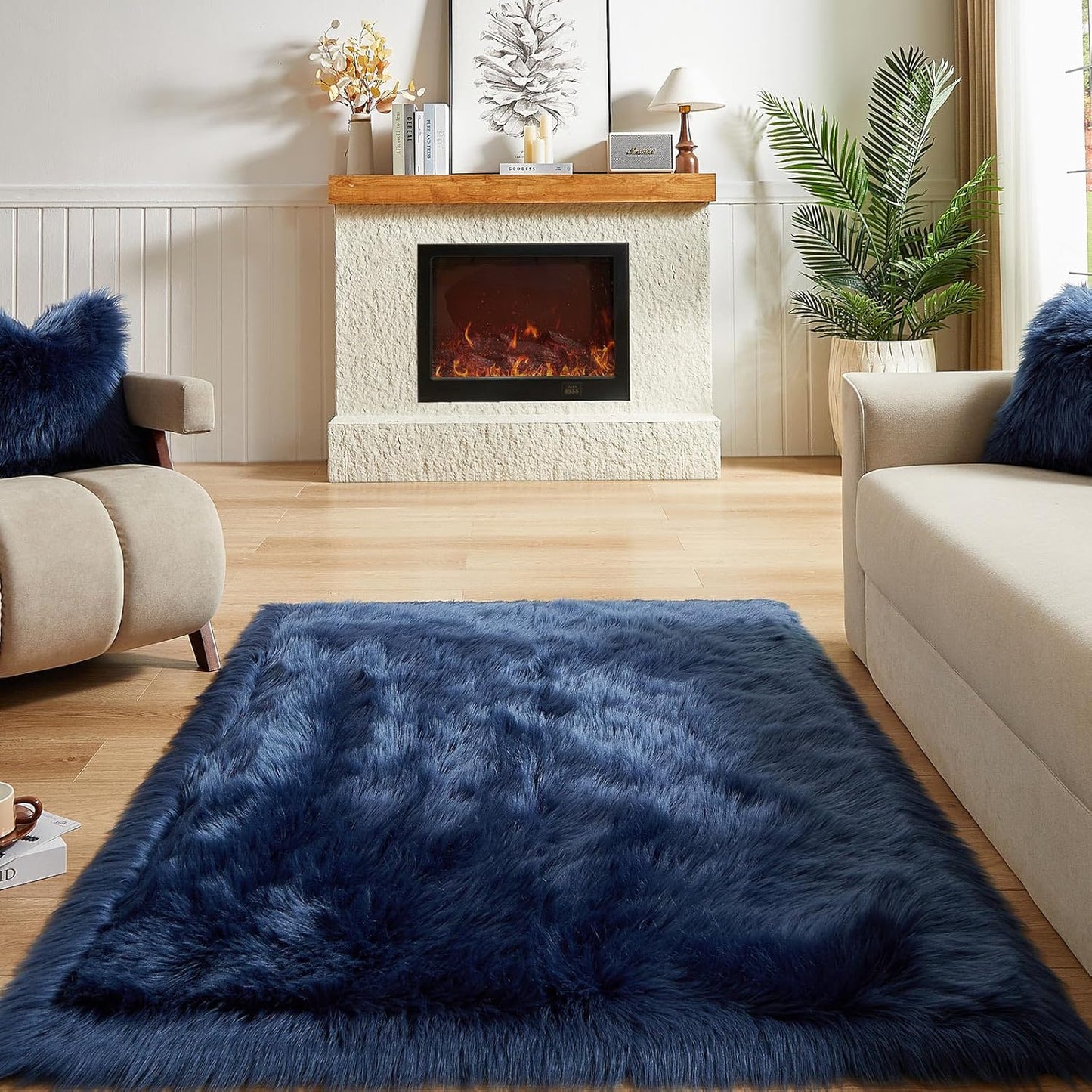 AMTOVO Faux Fur Sheepskin Rug for Living Room, 4 x 6 ft Dark Blue Fluffy Area Rug for Bedroom, Playroom, Luxury Room Decor, Rectangle