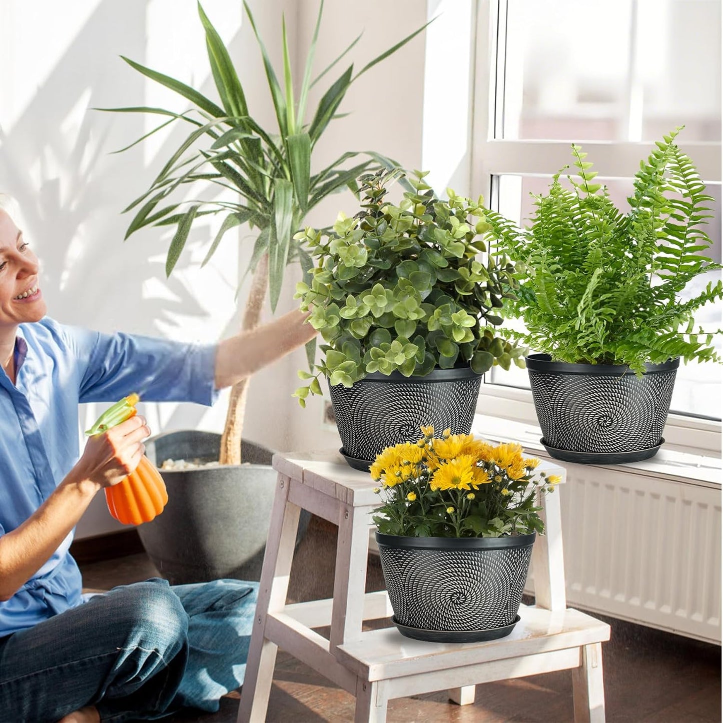 Quarut 10 Inch Flower Pots for Outdoor Indoor, 3 Pack Plastic Plant Pots with Drainage Hole & Tray, Modern Decorative Garden Pot with Saucer, planters for House (Black Copper)