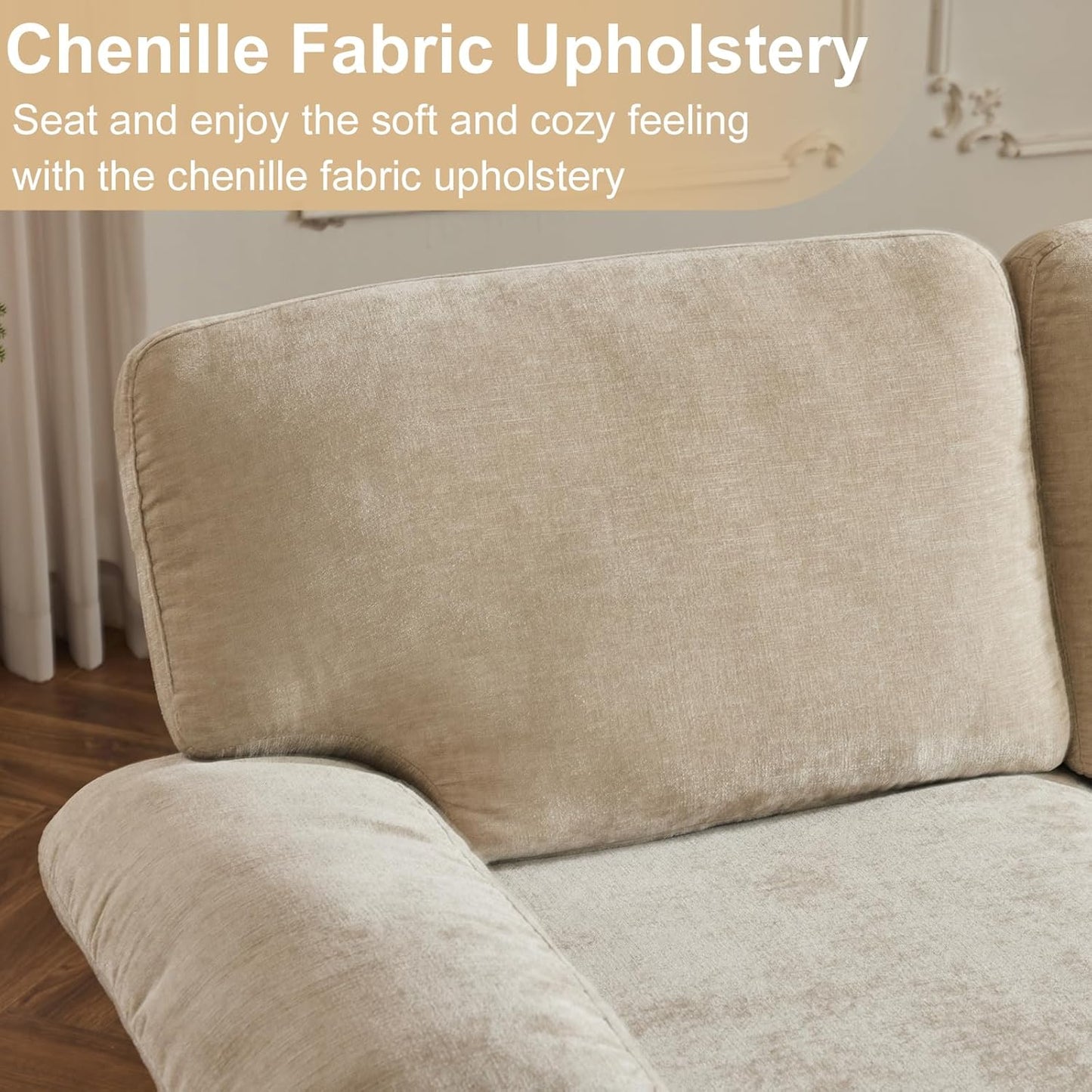 Karl home U-Shape Sectional Sofa Couch 111" Modern 4-Seat Sofa with Chaises Chenille Fabric Upholstered Covertible Couch with Wood Grain Legs for Living Room, Reception Room, Apartment, Khaki