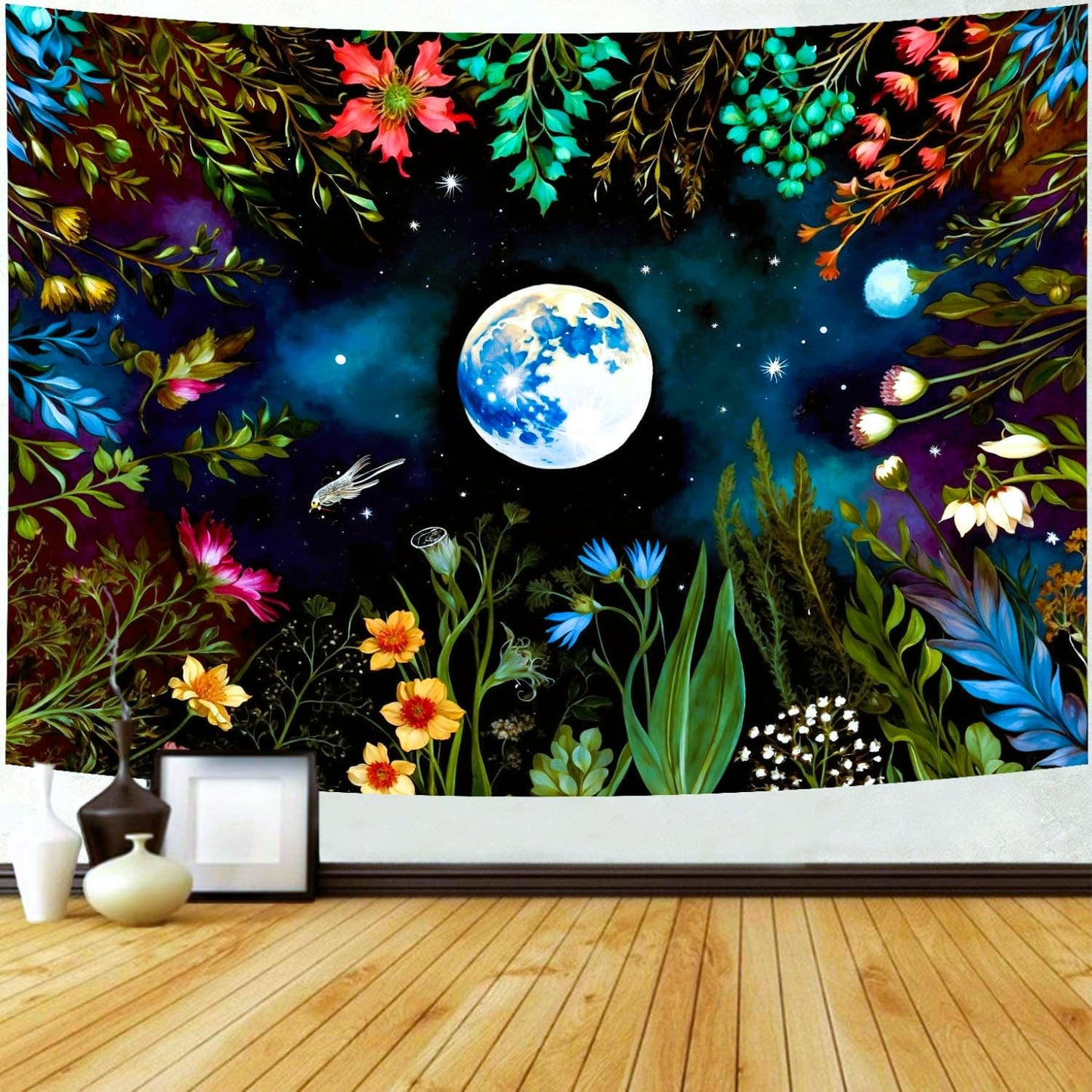 Delur Moonlit Garden Tapestry Boho Moon Floral Plant Tapestry Wall Hanging Colorful Flower Botanical Nature Night Landscape Headboard for Bedroom Living Room Home Decor (70.8" x 92.5")