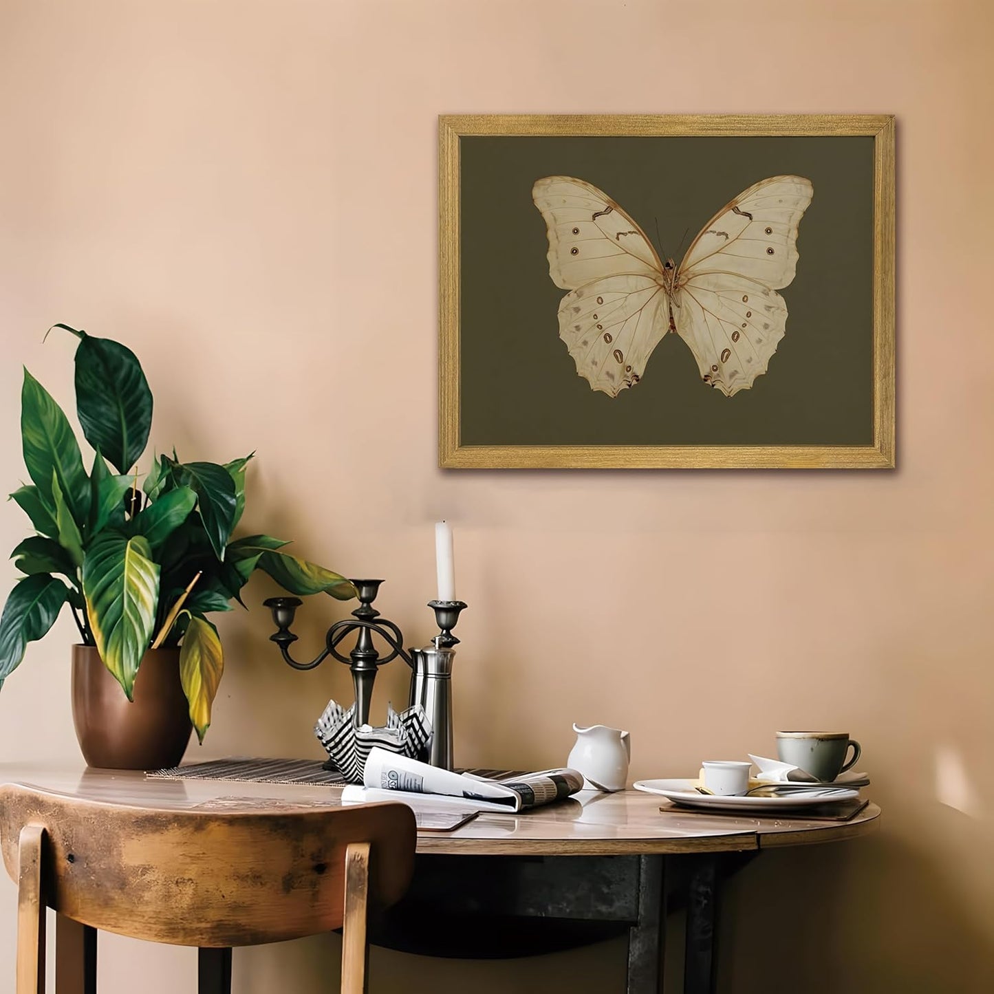 Wood Framed White Butterfly Wall Art, Vintage Butterfly Oil Paintings, Dark Moody Insect Canvas Prints, Boho Sage Green Wall Decor, for Bedroom Kitchen Bathroom Cottagecore Room Decor - 12x16 Inch
