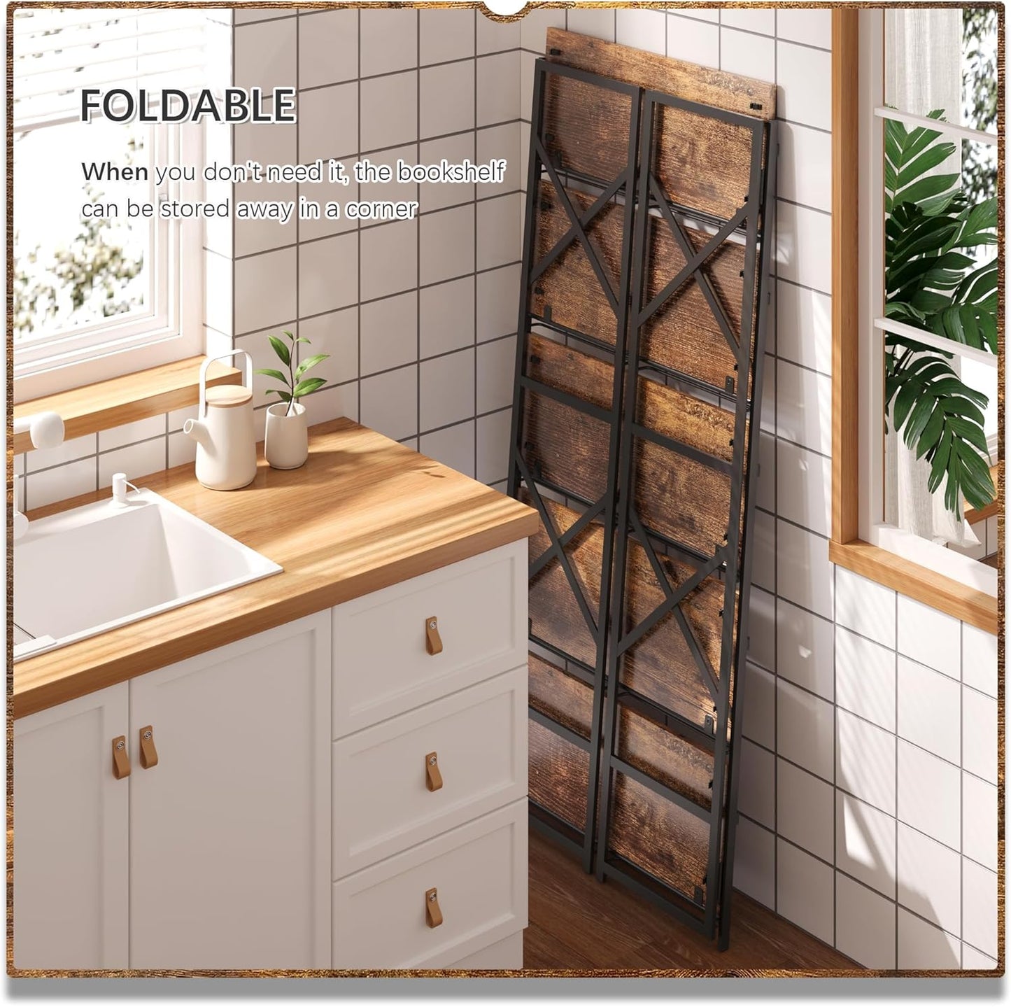 4NM 5 Tiers No Assembly Book Shelves, 51.2" H Folding Bookshelf Bookcase Open Industrial Foldable Shelves for Bedroom, Living Room, Home Office - Rustic Brown Black