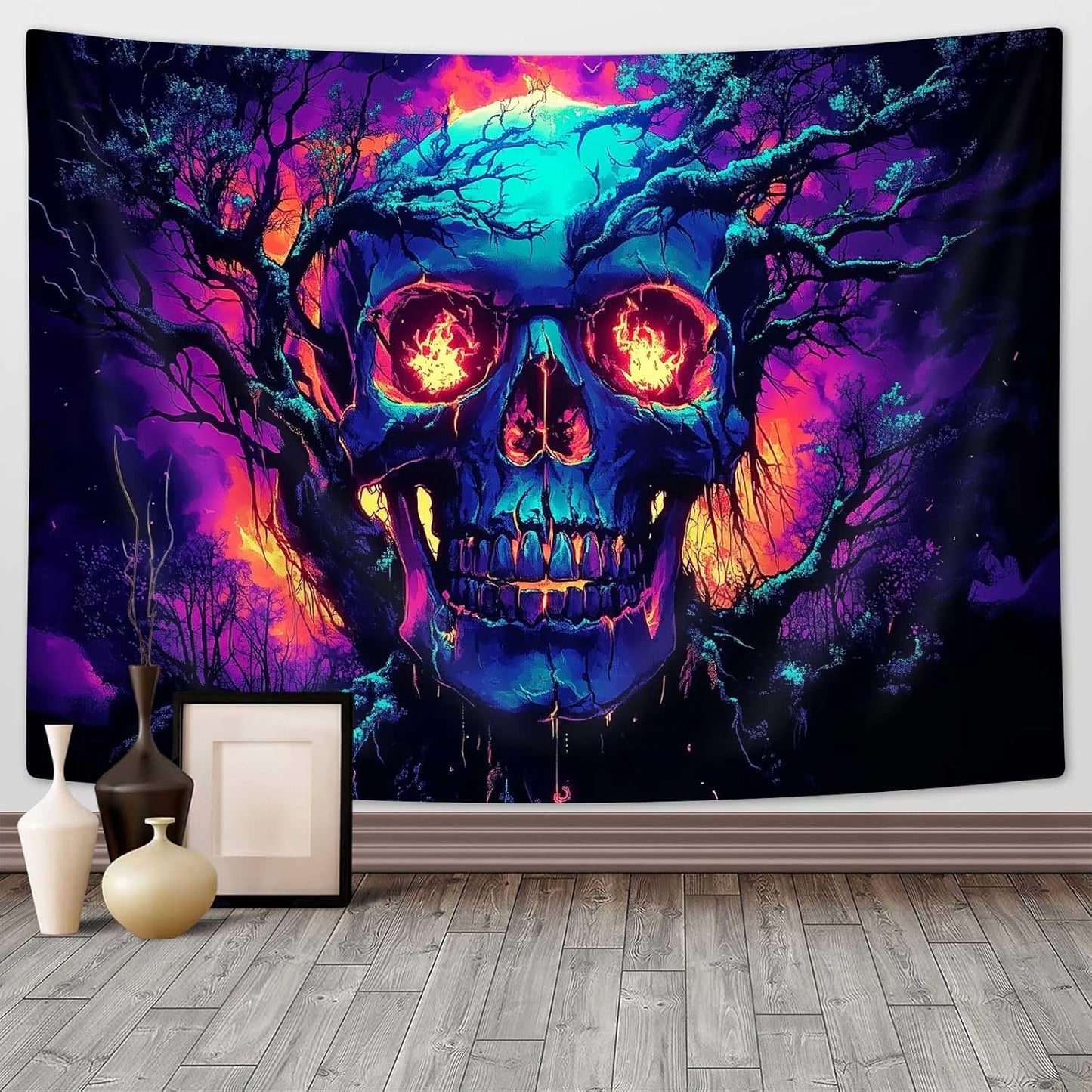 Xiaoput Blacklight Fire Skull Tapestry for Bedroom, Trippy UV Reactive Burning Skeleton Forest Wall Hanging Tapestries, Scary Dark Horror Glow in the Dark Tapestries for Living Room Home Dorm 60X51IN