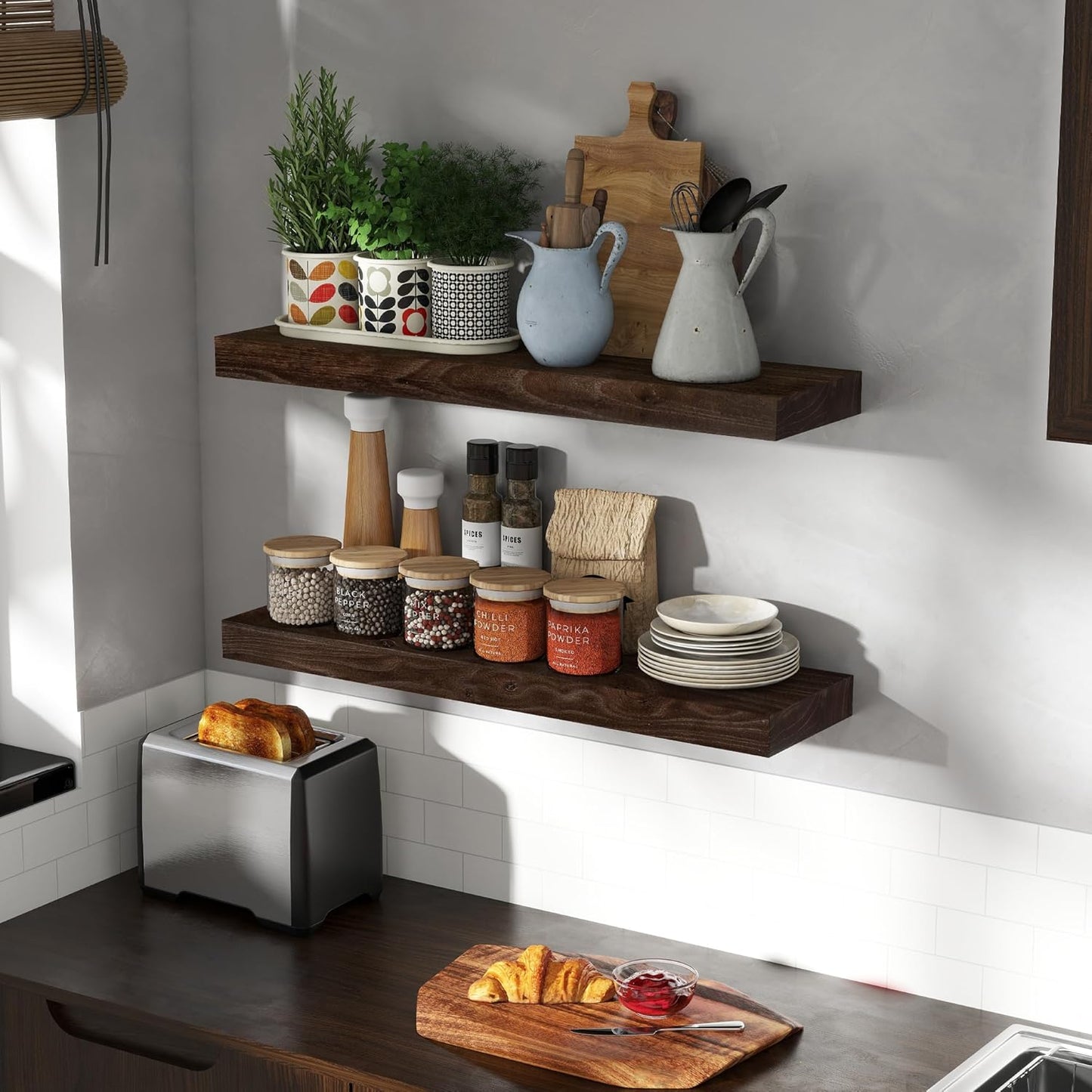 Rustic 30" Floating Shelves, Real Elm Wood Floating Shelf for Wall, Heavy-Duty Wall Shelves for Books, Wooden Floating Shelves with Invisible Bracket for Bathroom, Kitchen, Walnut Color, Set of 2