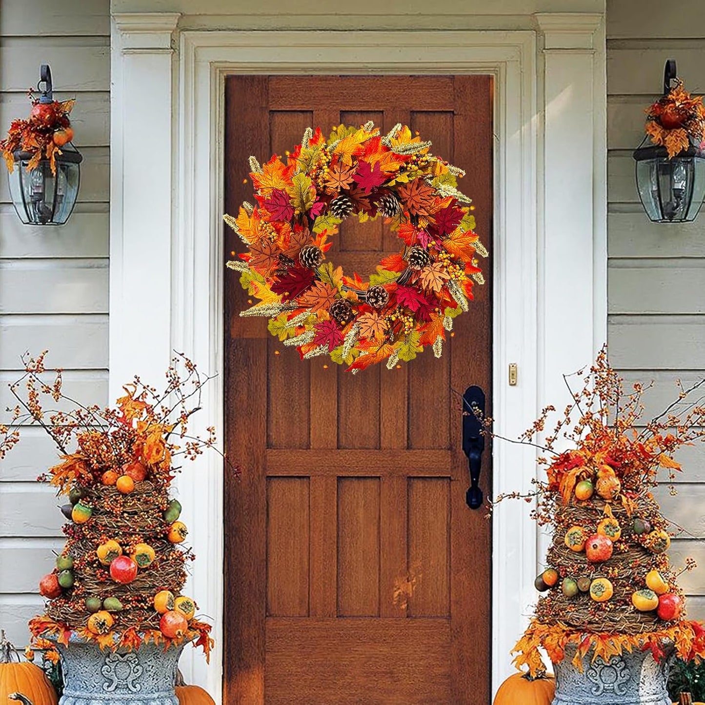 Fall Wreaths for Front Door, 24" Autumn Wreath with Berry Wood Maple Leaves and Pine Cones, Orange Thanksgiving Wreath for Outside Indoor Wall Window Home Festival Decor