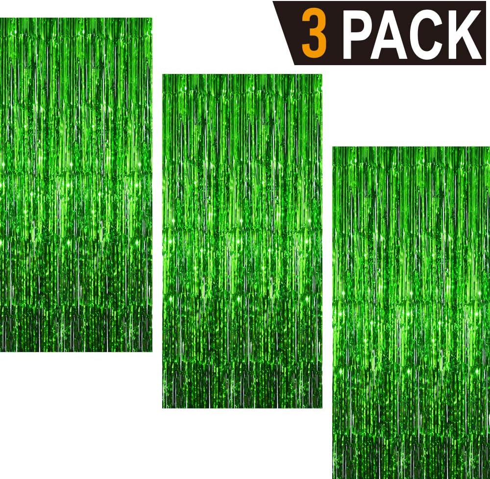 GOER 3.2 ft x 9.8 ft Metallic Tinsel Foil Fringe Curtains Party Photo Backdrop Party Streamers for St. Patrick's Day,Graduation,New Year Eve Decorations Christmas Wedding Decor (Green,3 Packs)