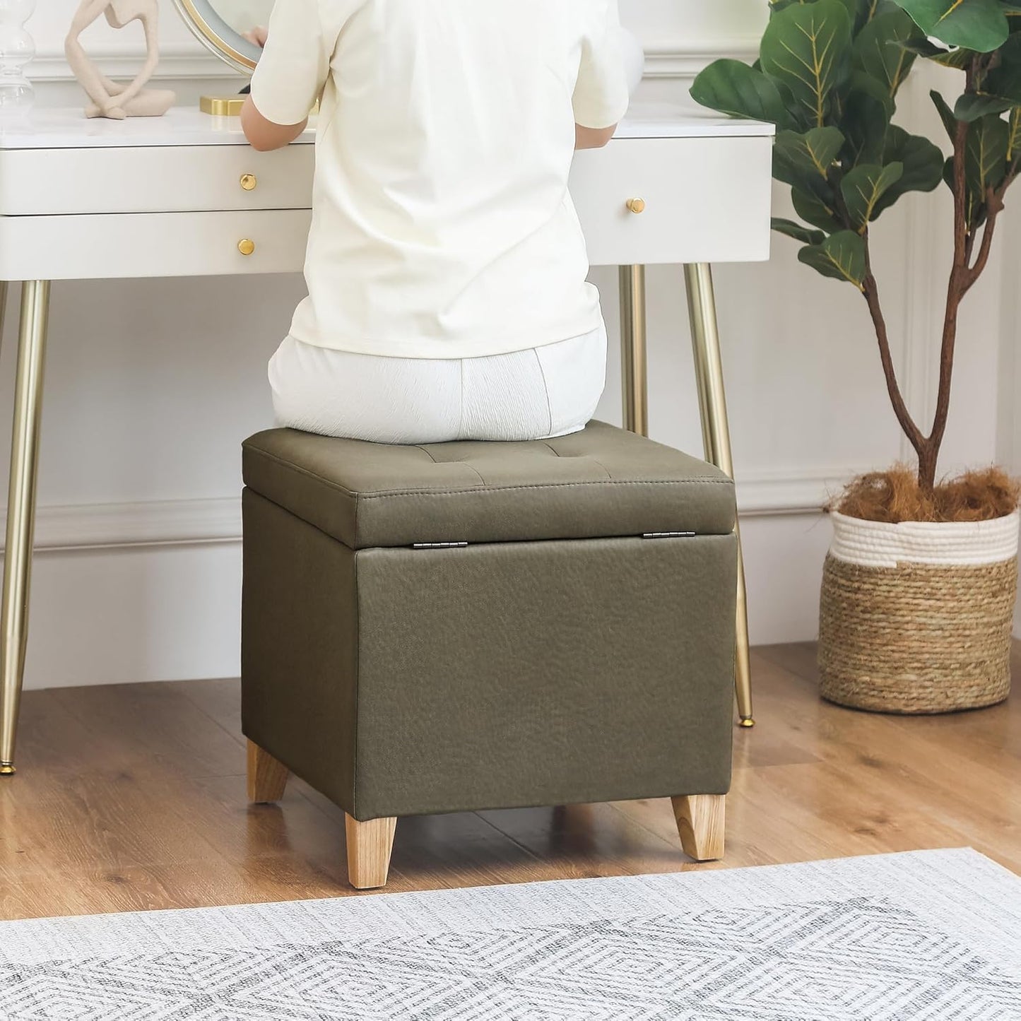 Adeco Fabric Storage Ottoman Bench with Solid Wood Legs, 17.7" Square Olive Green Leathaire Cube Foot Stool, Upholstered Button Tufted Vanity Chair with Hinged Lid for Living Room, Bedroom, Dorm