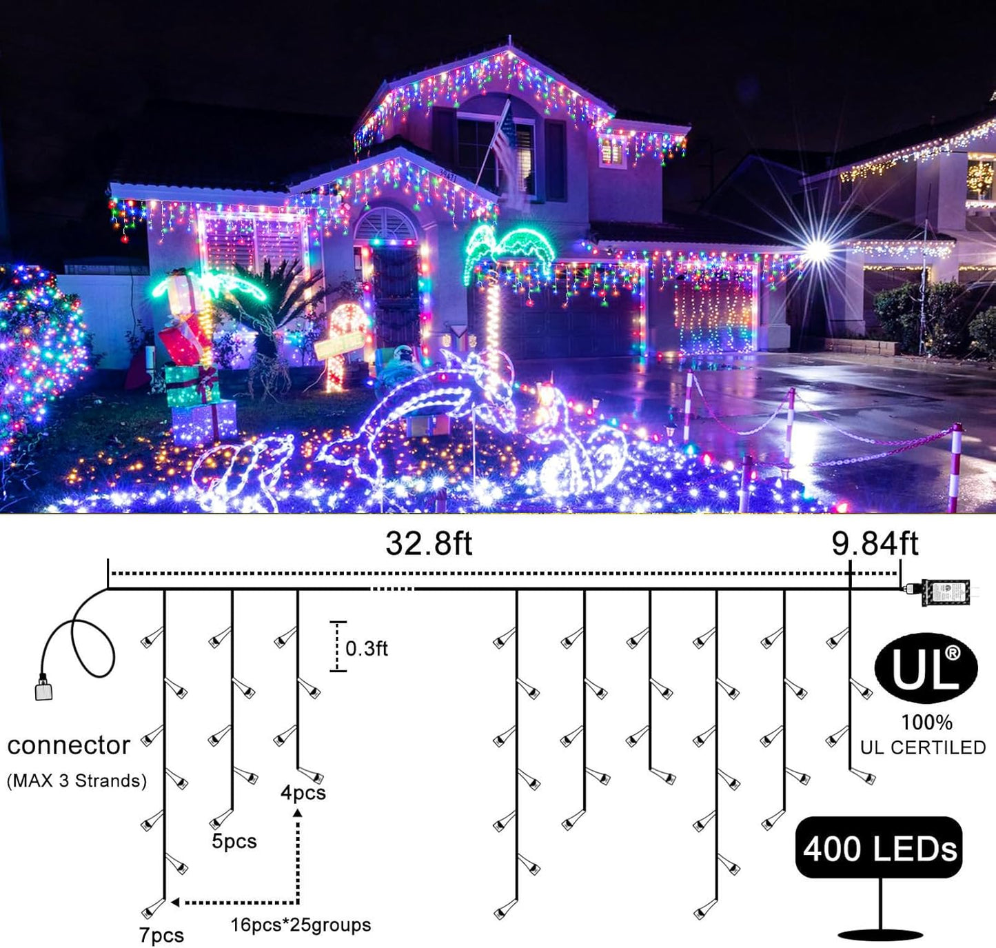 Icicle Christmas Lights Outdoor - 99FT 1216 LED Icicle Lights for Outside 8 Modes with 228 Drops, Waterproof Plug in Fairy String Lights Party Wedding Christmas Decoration Indoor, Multicolor