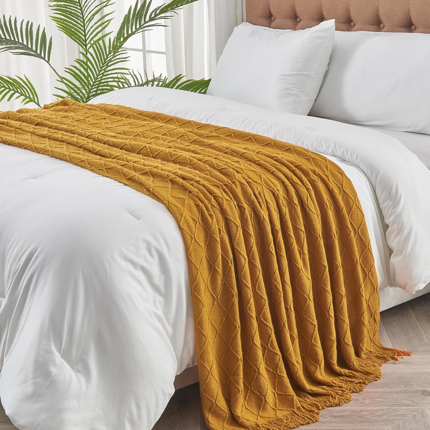 inhand Knitted Fall Throw Blanket for Couch and Bed, Knit Fall Decor Halloween Blanket with Tassel, Brown Lightweight Decorative Farmhouse Warm Woven Blankets and Throws for Women, 60"x80"