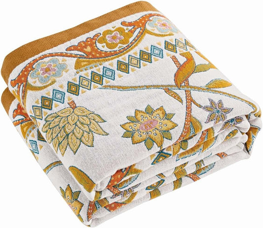 Fall Throw Blanket for Couch, Brown Boho Decorative Throw Blanket, 100% Cotton Muslin Breathable Woven Farmhouse Blankets Quilt, 90"x98" Reversible Lightweight Blankets Bohemian Throw Quilt