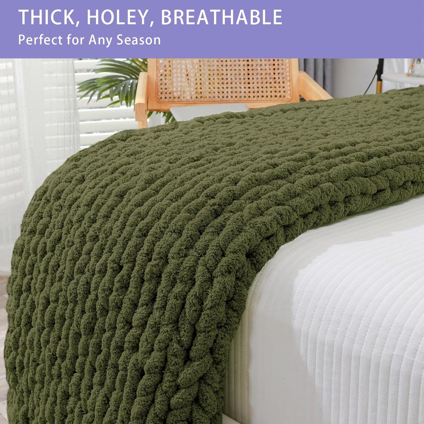 Bigacogo Chunky Knit Throw Blanket for Couch, 40x40 inches, 100% Hand Knitted with Thick Jumbo Chenille Yarn, Cozy Soft Large Rope Knot Cable Crochet Blankets for Sofa Bed Living Room, Yellow Green